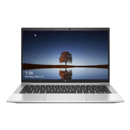 Silver HP EliteBook 830 G8 2-in-1 laptop folded into tent mode on a desk.