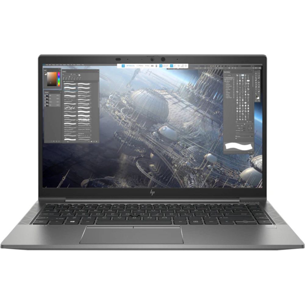 HP ZBook Firefly 14 G7 14" Ultra-Light Mobile Workstation Sleek gray HP ZBook Firefly 14 G7 mobile workstation laptop open on a wooden design desk.
