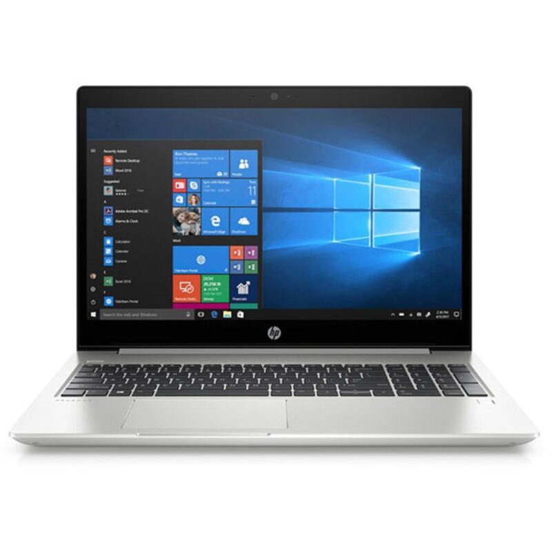 Silver HP ProBook 450 G7 laptop open on a modern office desk showing the numeric keypad.