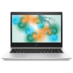 Silver aluminum HP EliteBook 840 G5 laptop open on a modern office desk.