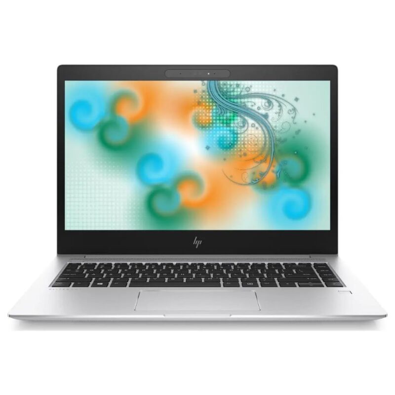 Silver aluminum HP EliteBook 840 G5 laptop open on a modern office desk.