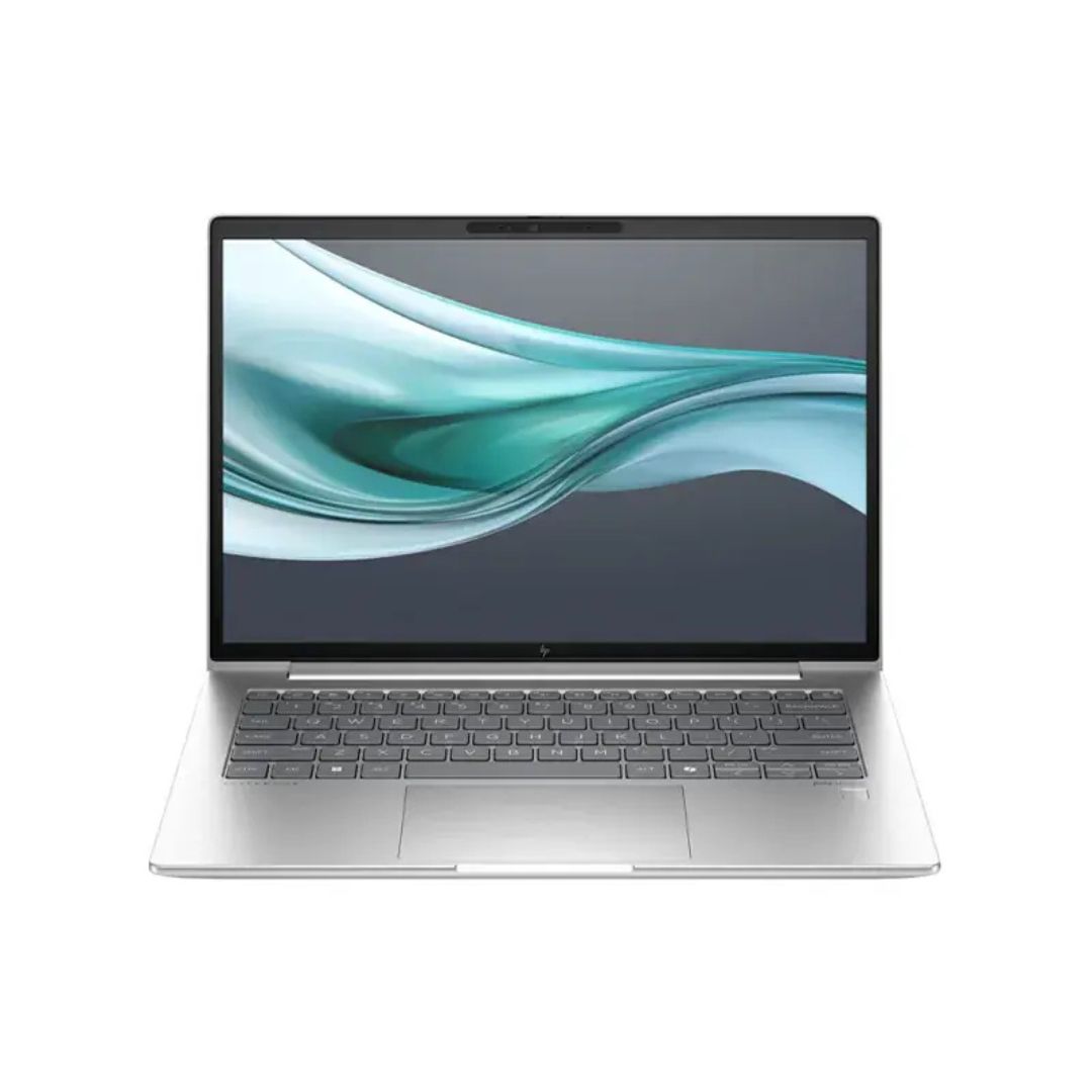 HP EliteBook 640 G11 Slim 14" Commercial Notebook Top-down view of a closed silver HP EliteBook 640 G11 laptop on a wooden table.